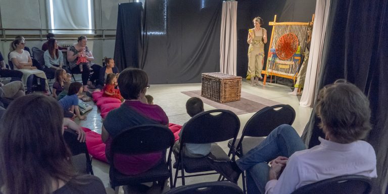 Children and adults engage with Puzzle Theatre’s performance of Little Yarn Stories at Kinderfest 2017.